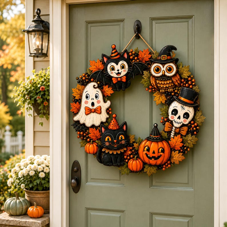 Custom Halloween Wreath 2026 Spooky Black Cat Ghost Door Hanger, Personalized Pumpkin Skeleton Owl Autumn Front Door Decor