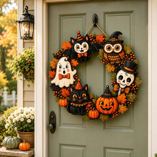 Custom Halloween Wreath 2026 Spooky Black Cat Ghost Door Hanger, Personalized Pumpkin Skeleton Owl Autumn Front Door Decor