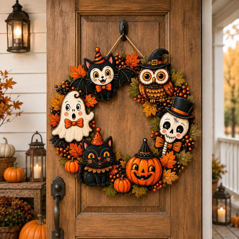 Custom Halloween Wreath 2026 Spooky Black Cat Ghost Door Hanger, Personalized Pumpkin Skeleton Owl Autumn Front Door Decor