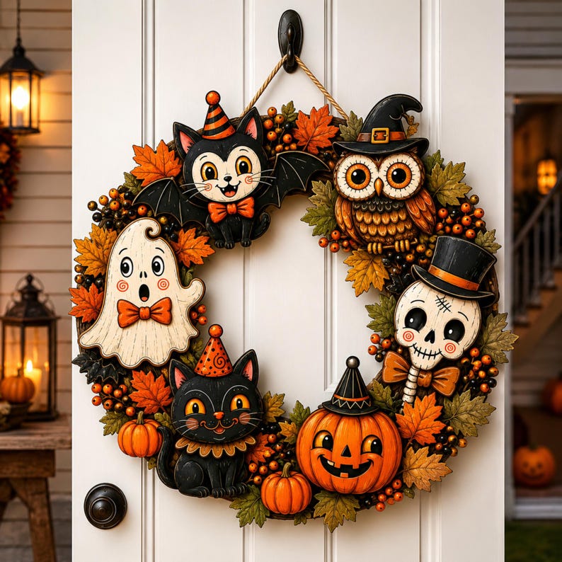 Custom Halloween Wreath 2026 Spooky Black Cat Ghost Door Hanger, Personalized Pumpkin Skeleton Owl Autumn Front Door Decor